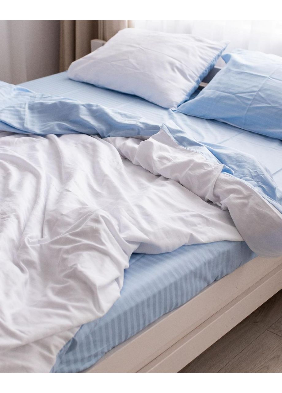 Постельное белье с резинкой Белый + голубой страйп сатин PREMIUM Евро размер, наволочки 50/70 No Brand (364218756)