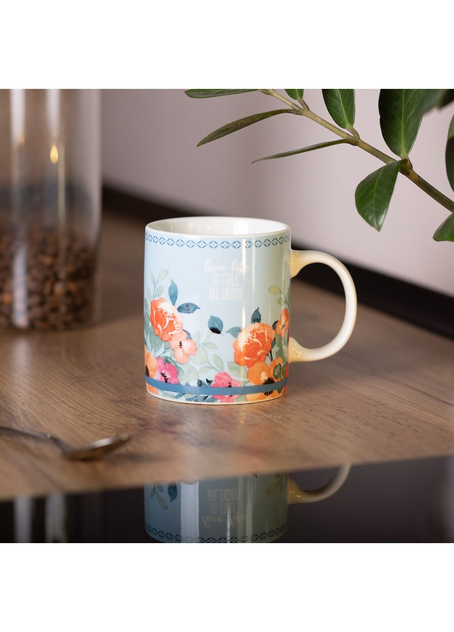 Кухоль порцеляновий з квітковим принтом 400 мл блакитний для чаю та кави посуд для напоїв ProDobro (364192861)