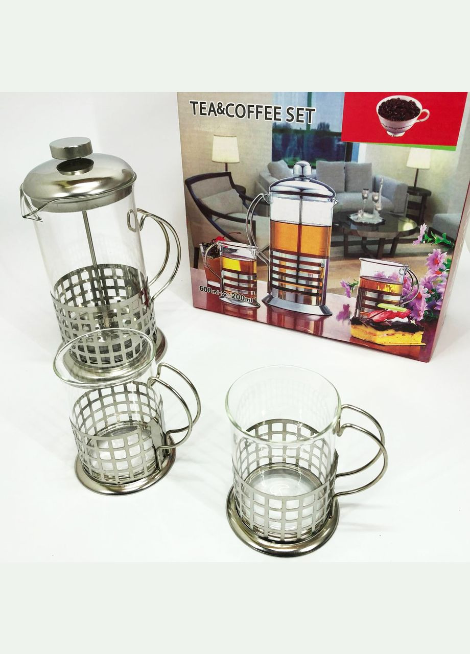 Пресс заварник из жаропрочного боросиликатного стекла UN-1155 0.6 л + 2 чашки Френч-пресс для кофе Unique (364663709)