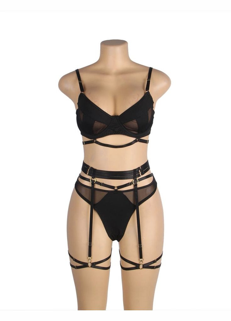 Комплект нижньої білизни із чорної сіточки з поясом для панчох та гартерами (без коробки) Star Night (361670625)