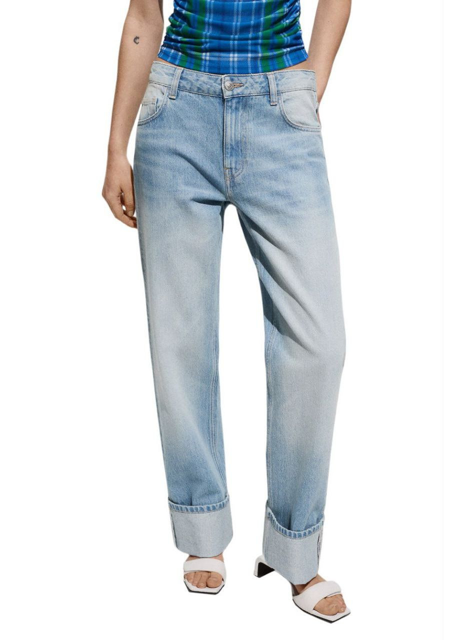 Женские прямые джинсы с отворотами снизу потертые голубые You Best - (317326825)