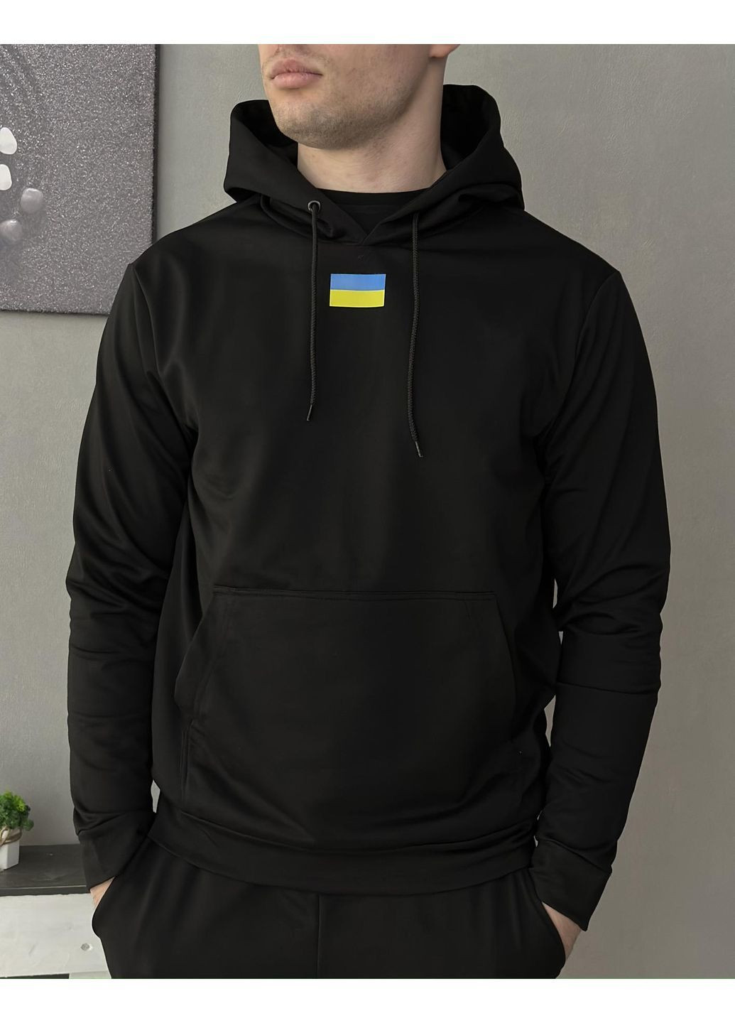 Чоловічий демісезонний худі чорний Прапор України (двонитка) No Brand (369365030)