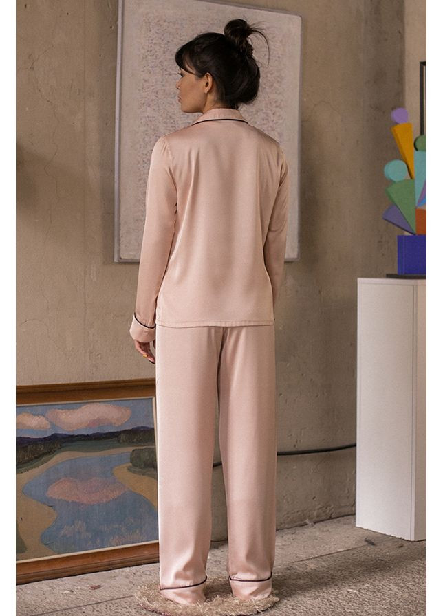 Бежева всесезон піжамний шовковий костюм beige peach сорочка + брюки Forly