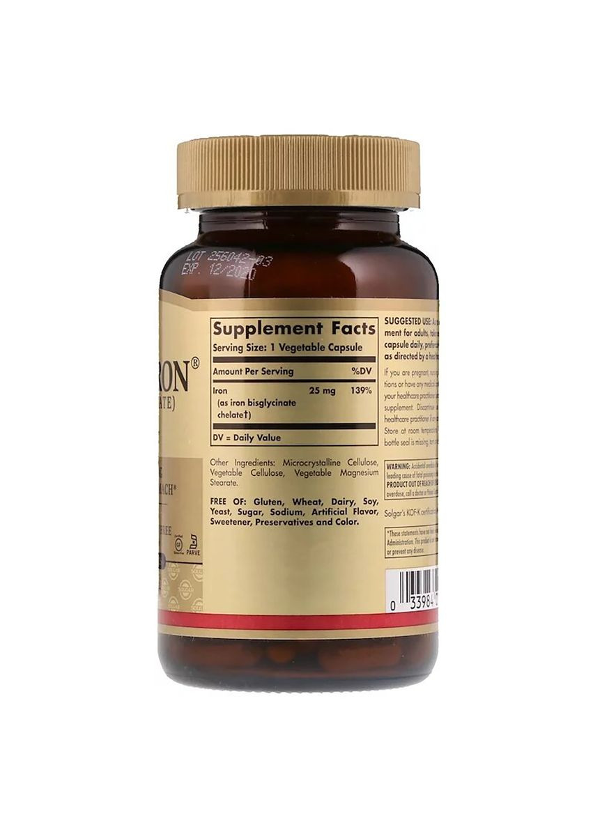 Хелатное Железо, 25 мг, Gentle Iron, 180 вегетарианских капсул. Solgar (326054359)