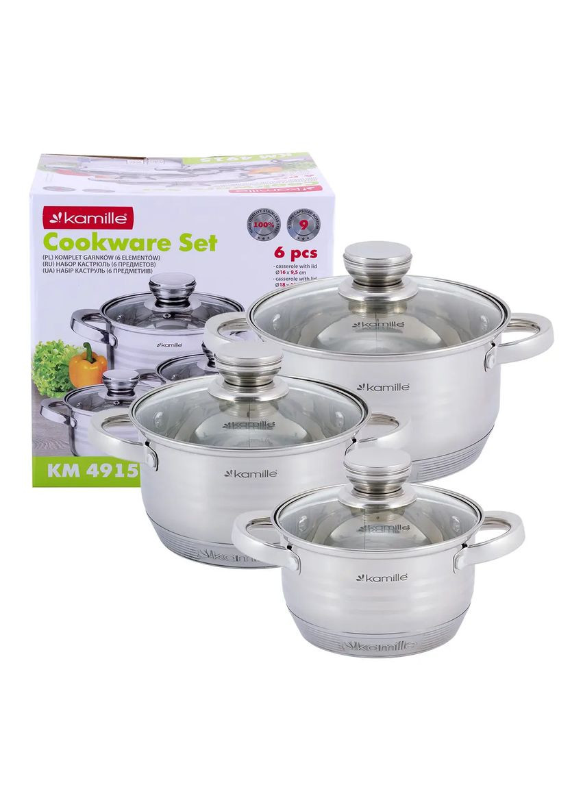 Набор кастрюль из нержавеющей стали 6 предмета для индукции и газа (1.5л, 2.0л, 3.0л) KM- hjk Kamille 4915 (360880079)