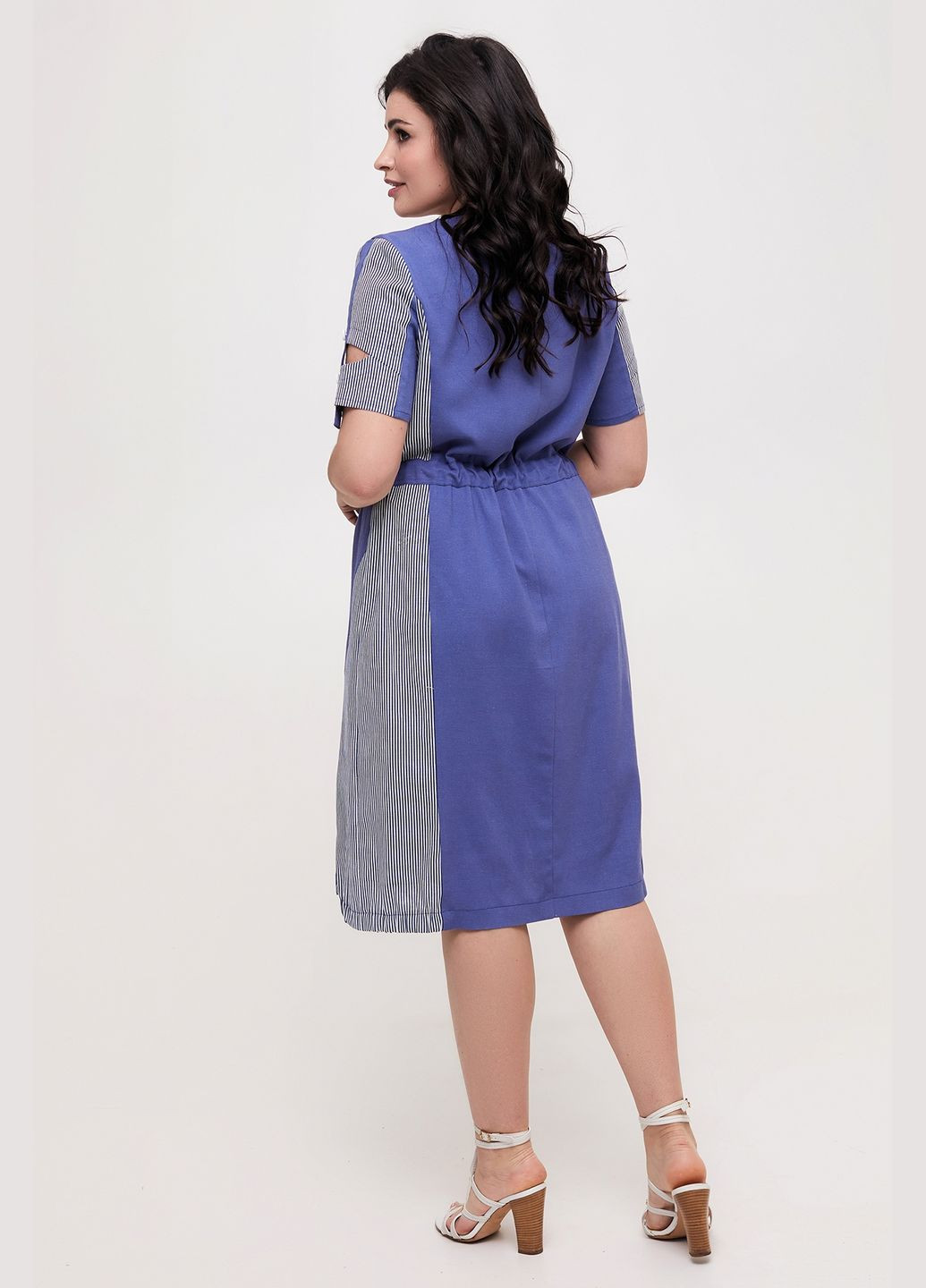 Синее летнее льняное платье с кулиской на талии и карманами all posa (ap100572p) A'll Posa