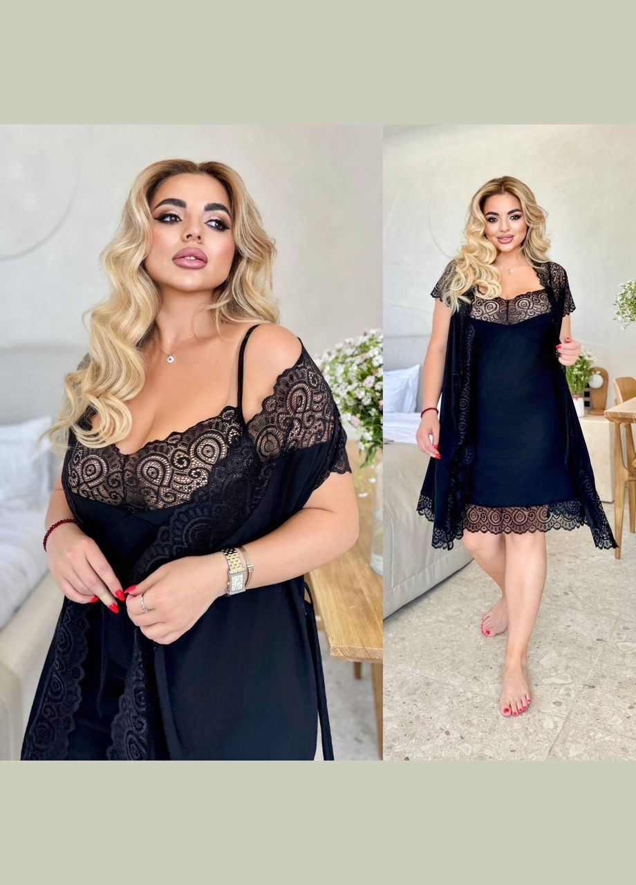 Чорний комплект нічна сорочка + пеньюар No Brand