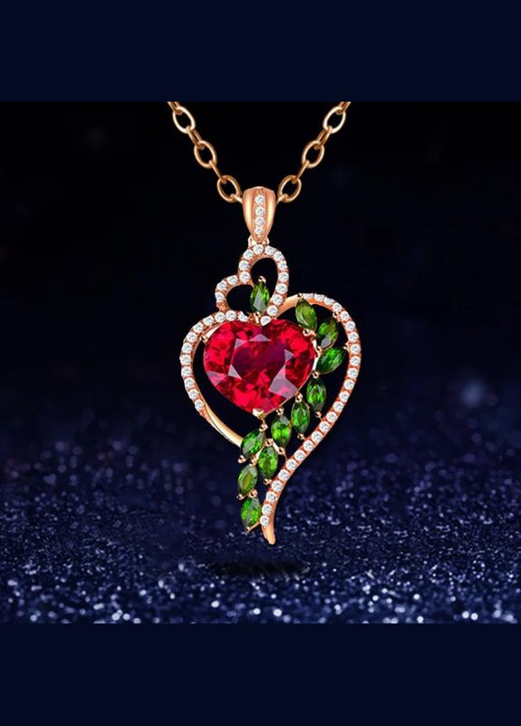 Цепочка с кулоном женская золотистое сердце с красным, зелеными и белыми фианитами камнями кулон в виде средца Liresmina Jewelry (289199384)
