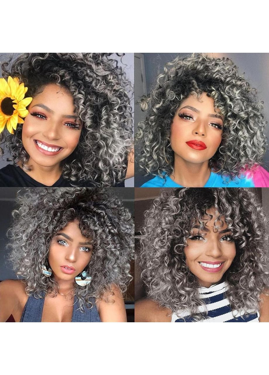 Перука кучерява афро сіра сива омбре з чубчиком, жіноча коротка синтетична термостійка, хвилясте волосся для Гелловіну No Brand (353746172)