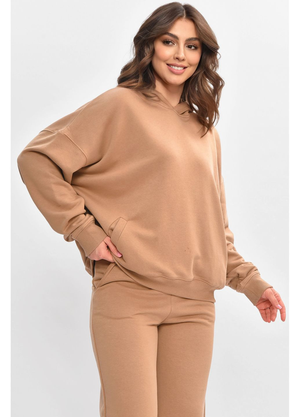 Темно-бежевий худі жіночий темно-бежевого кольору Let's Shop однотонний без декору (362556175)