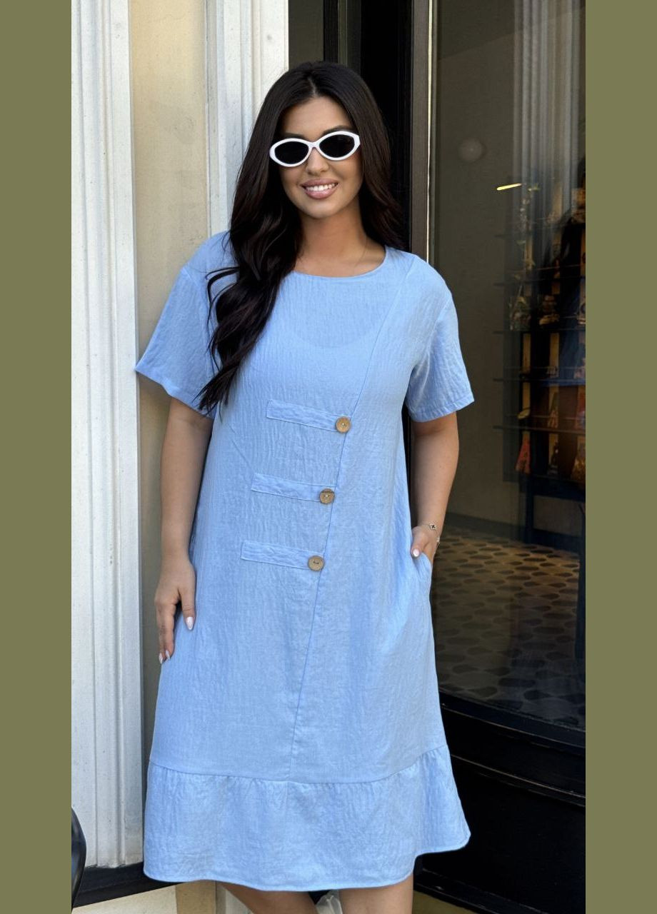 Блакитна сукня льон бабовняний жатий,з кишенями No Brand