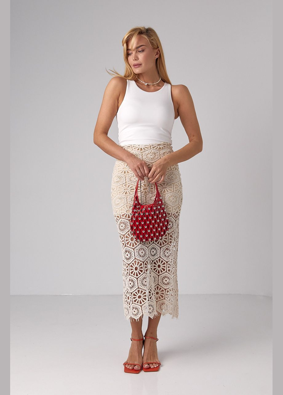 Кремовая праздничный, вечерний однотонная ажурная юбка миди с разрезом Liton карандаш