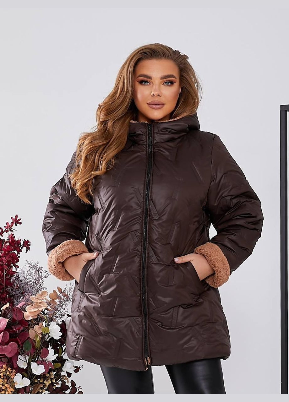 Коричнева демісезонна жіноча тепла куртка з капюшоном New Trend