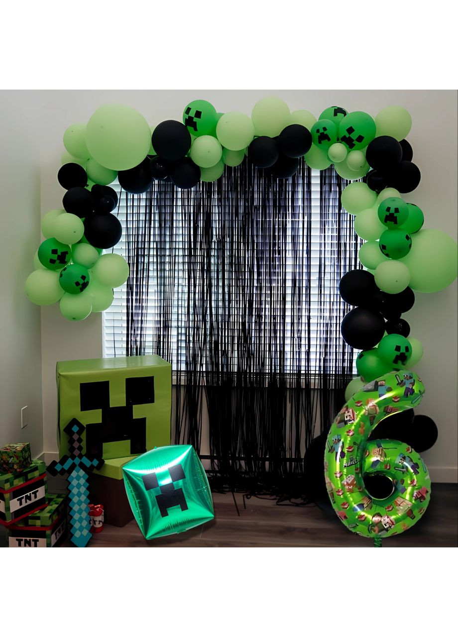 Набор 65 шаров для арки фотозоны с цифрой по выбору и шторками Майнкрафт Пиксельный день рождения Мята и черный No Brand (360560080)