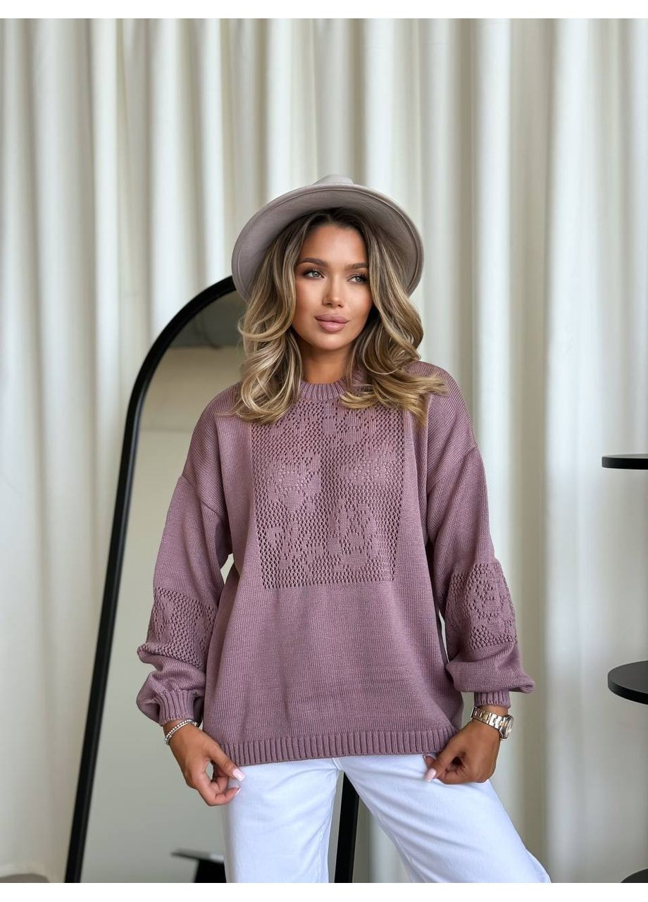 Пудровий демісезонний класичний жіночий светр з ажурним плетiнням пудрового кольору 34177 No Brand