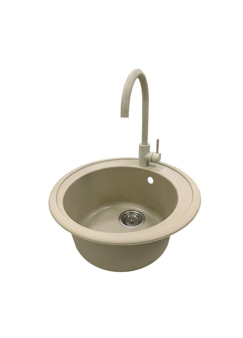 Набор кухонный Sun, искусственный камень, круглый, без крыльев, 510x200мм, чаша - 1, врезная, Сахара + смеситель Adamant (370619210)