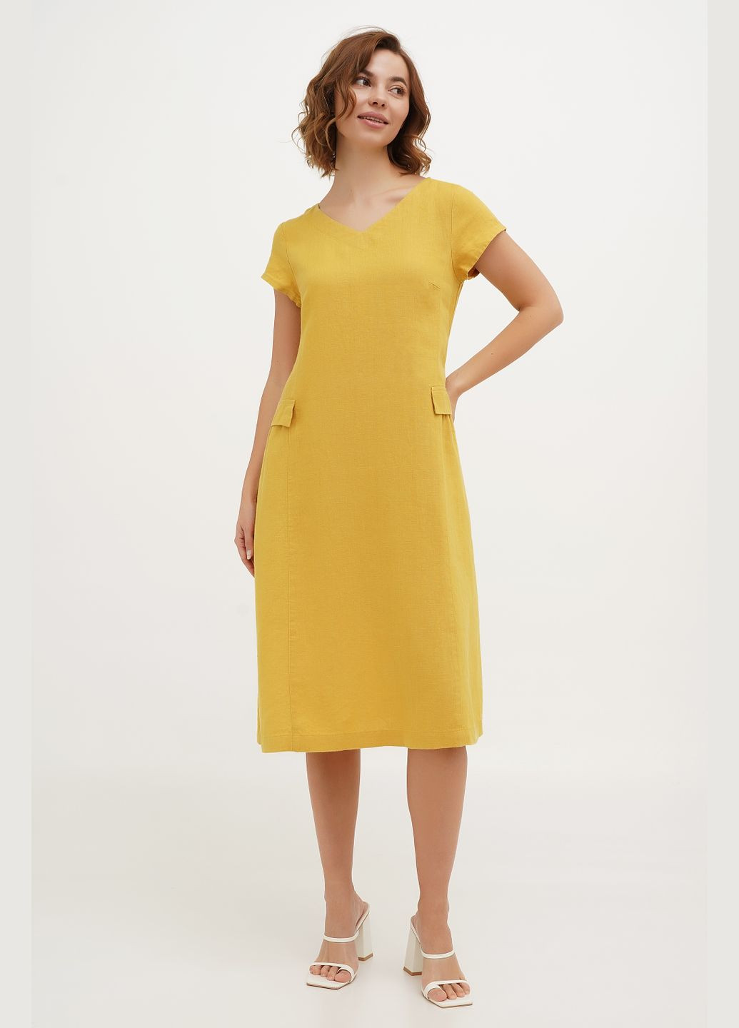 Желтое льняное миди платье с карманами и молнией однотонное миранда. желтый, р.44, код 0449/44/136 ГАЛЕРЕЯ ЛЬОНУ