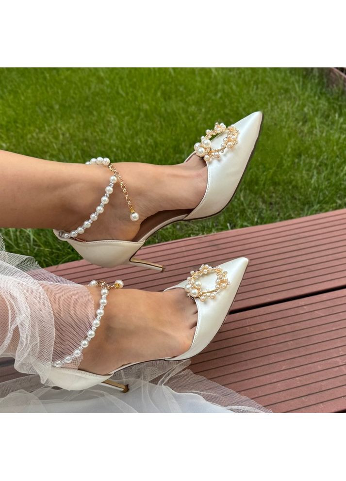 No Brand Жіночі туфлі весільні атласні та ремінцем перли та брошкою 9 см білий з текстиль, — (351394449)