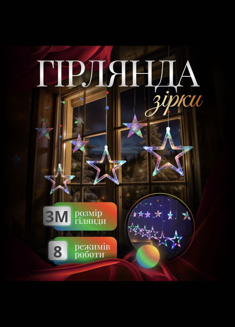 Гірлянда-штора Зірки розмір 3*0,7 м 12 фігур, мультиколор GarlandoPro (316475482)