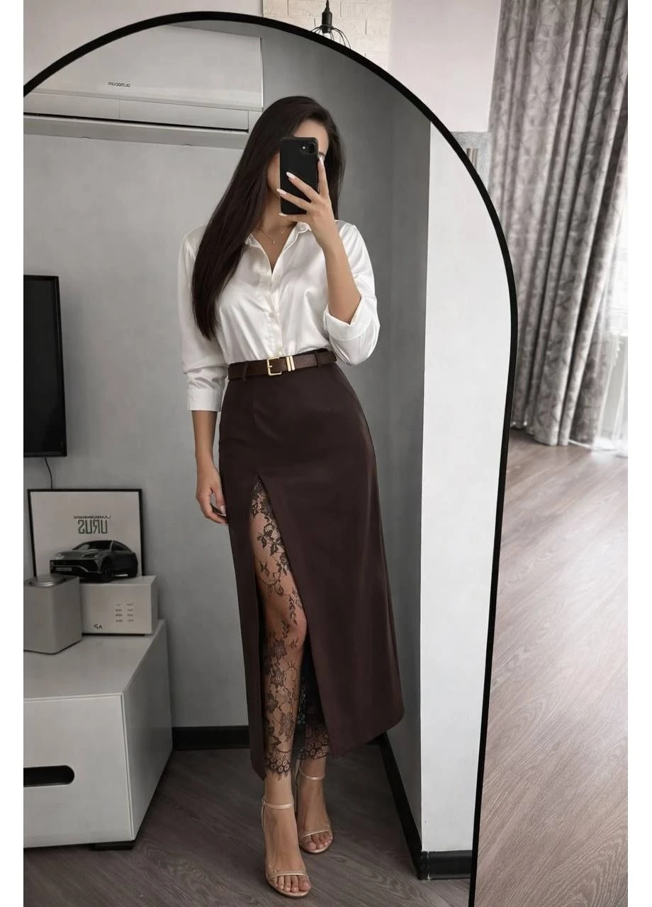 Коричневая офисная, кэжуал однотонная юбка No Brand карандаш