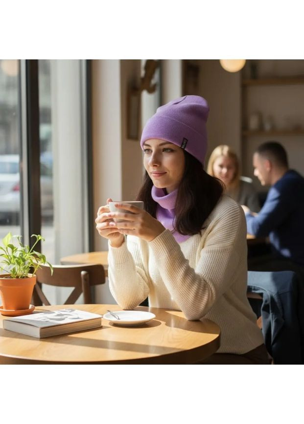 Жіночий зимовий комплект шапка з відворотом + баф-снуд фіолетовий, теплий, стильний, акрил/шерсть, One Size No Brand (363052189)