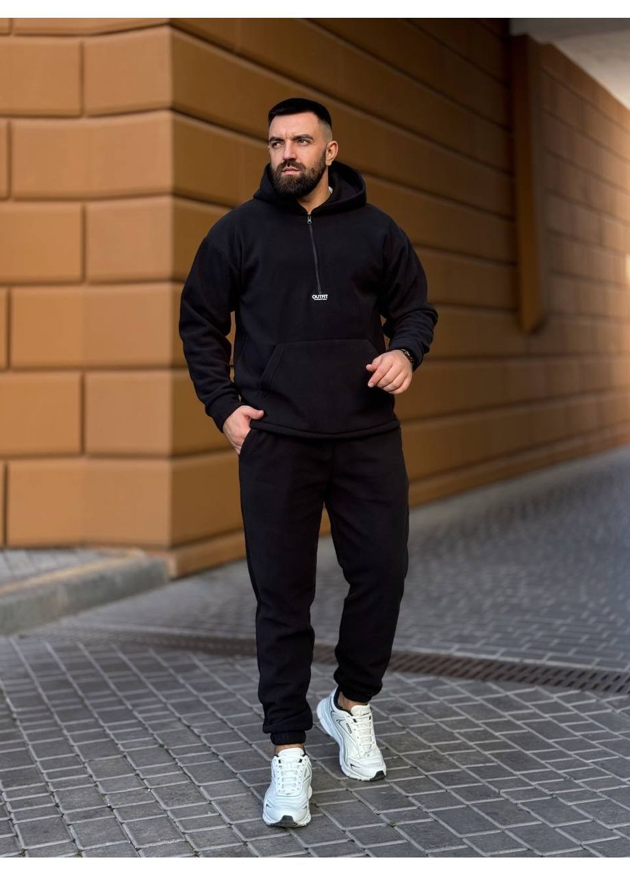 Чорний зимній чоловічий теплий флісовий костюм із капюшоном брючний No Brand