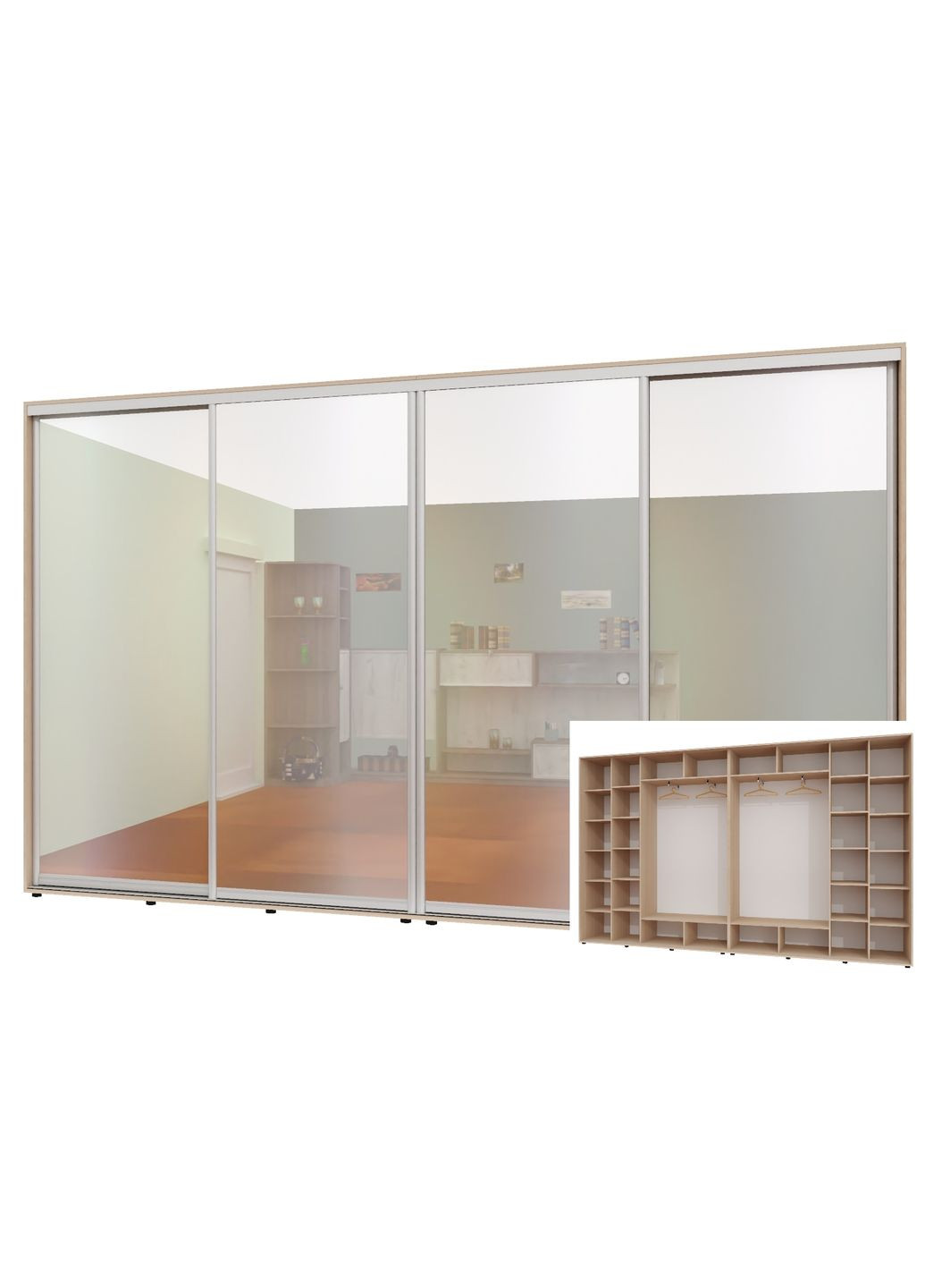Шкаф-купе четырехдверный 400*45*230 см Дуб молочный 4 двери Зеркало ШК-02 Алекса (360477066)