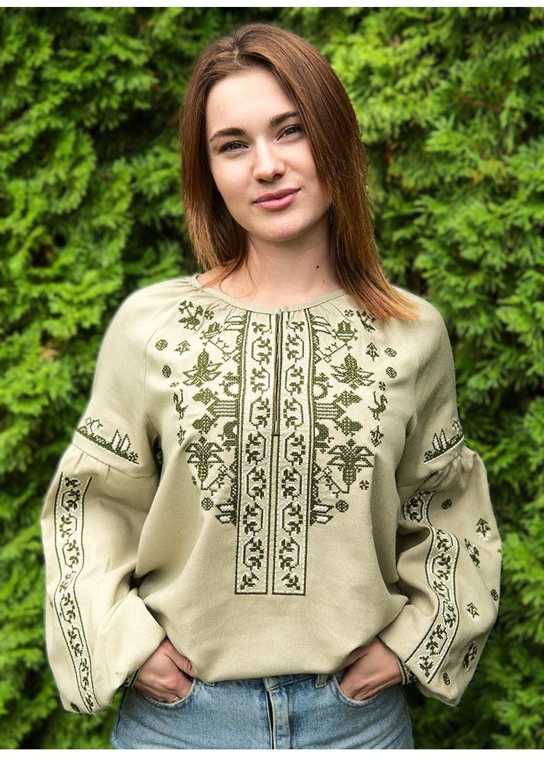 Оливкова лляна вишиванка жіноча з орнаментом довгий рукав V&V візерунок орнамент пряма, приталена, вільна льон (362699696)