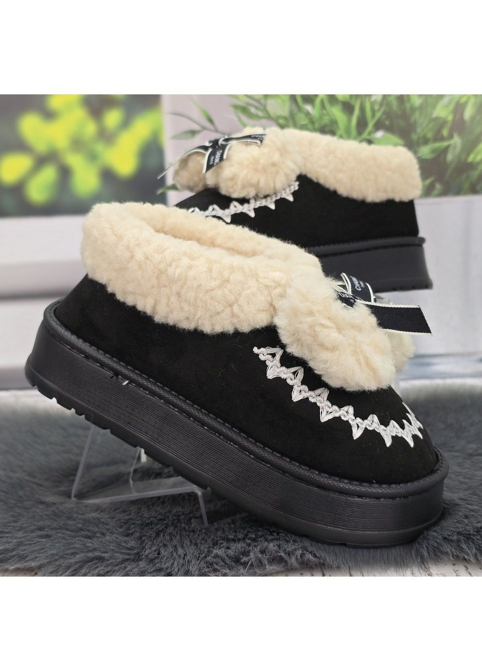Черные тапочки-чуни женские утепленные бежевые с задником на пенковой подошве Fashion