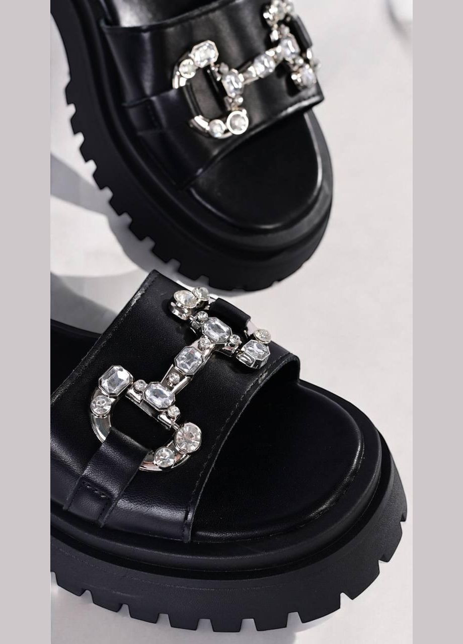 Черные босоножки женские черные натуральная кожа Seven с ремешком со стразами, без декора