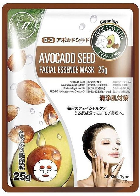 Тканевая маска для лица с экстрактом косточки авокадо 512 Avocado Seed Facial Essence Mask 25g. Mitomo (368643033)