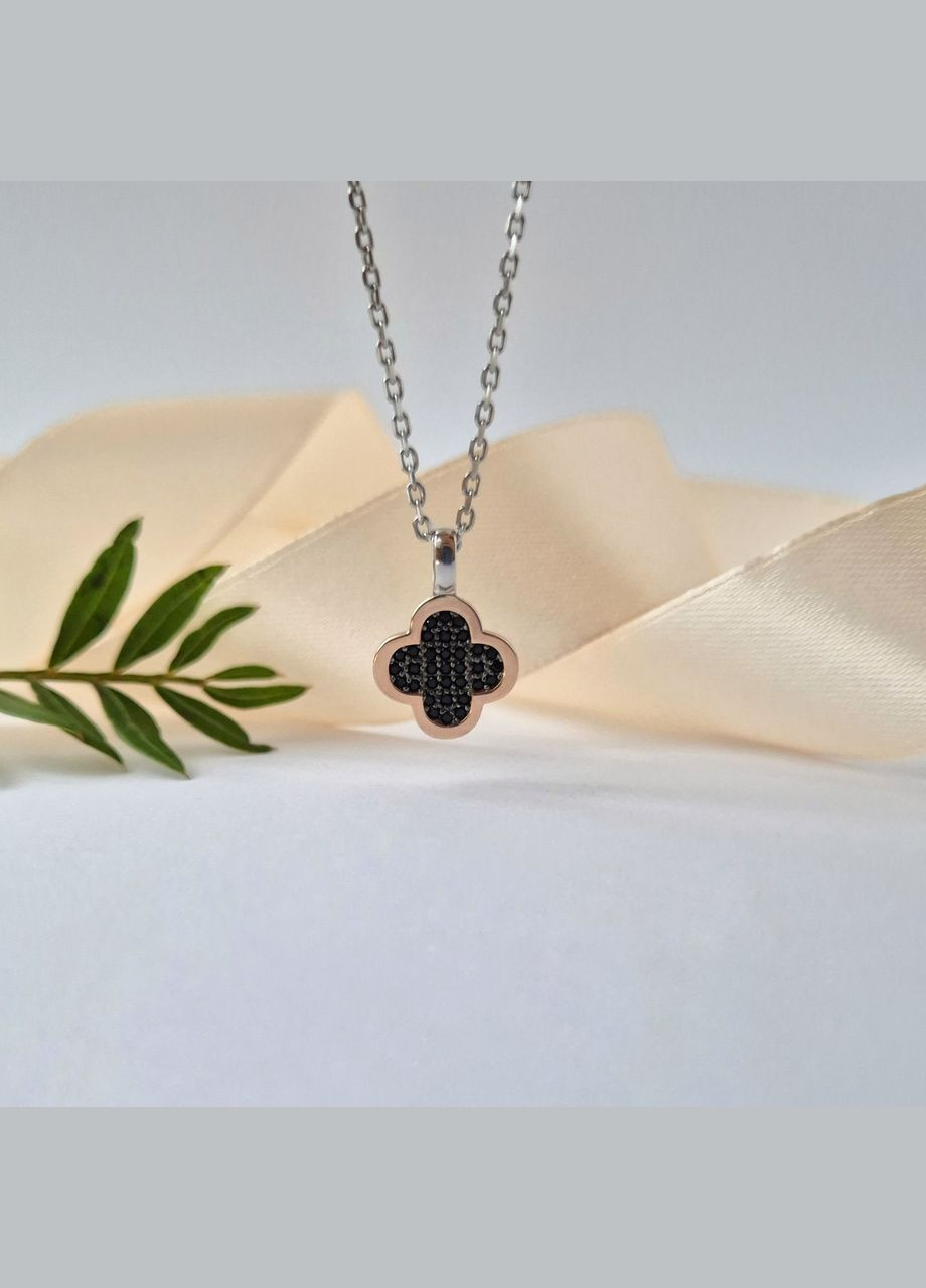 Срібна підвіска Квітка Конюшина з Чорними каменями срібло 925 проби с золотою пластиною 375 проба 458п 1.17г No Brand (308369759)