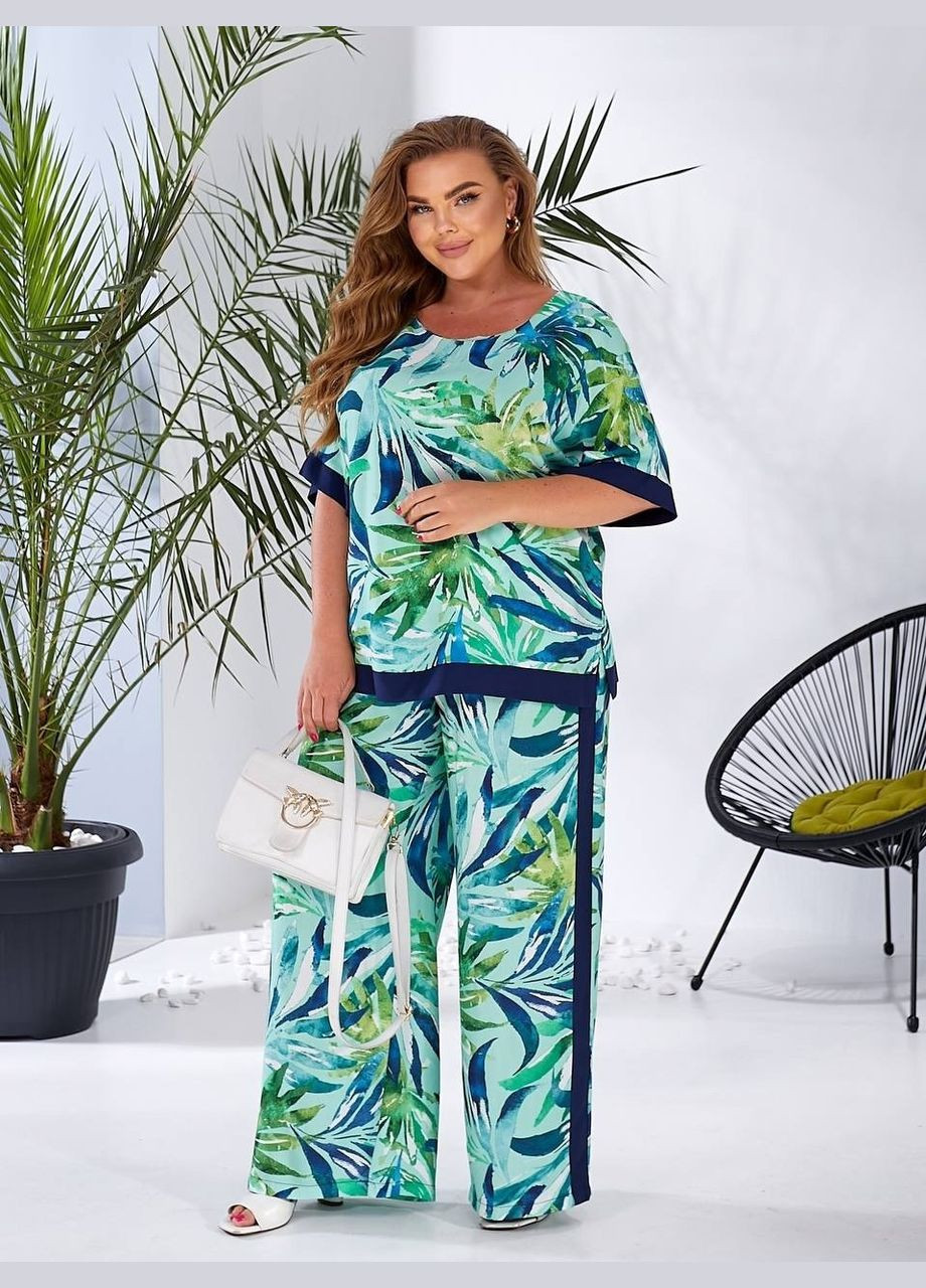 Жіночий костюм батал літній м'ятний з принтом вільного крою для повних No Brand Костюм комплект (338370405)