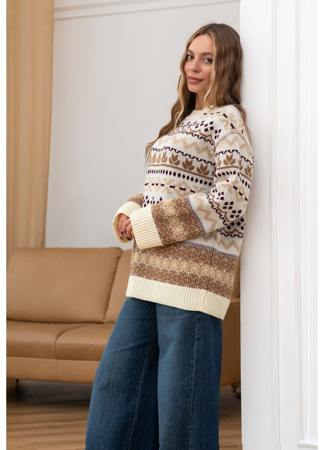 Молочний жіночий теплий вовняний светр шафран з орнаментом молочний з бежем You Best