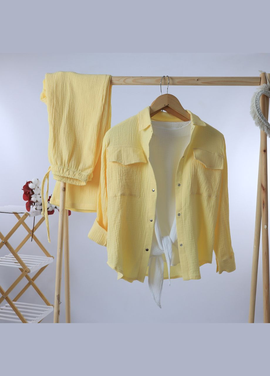 Жовтий літній дитячий лимонний мусліновий комплект унісекс сорочка+штани+футболка палаццо mrou No Brand