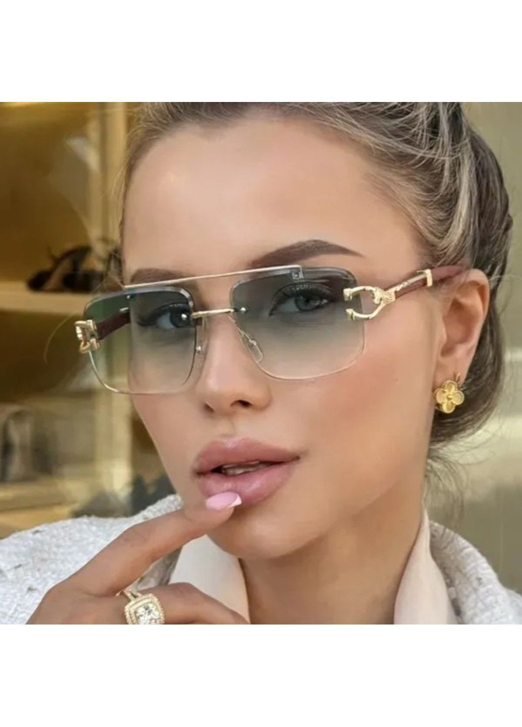 Солнцезащитные очки квадратные Panthère без оправы с деревянной текстурой градиент зеленые No Brand (362026461)