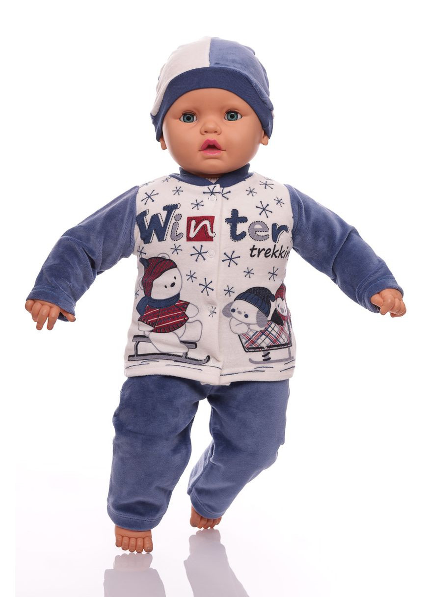 Синий зимний костюм с длинным рукавом для мальчика велюровый со снежинкой синий 68 см (30045) BABYKROHA