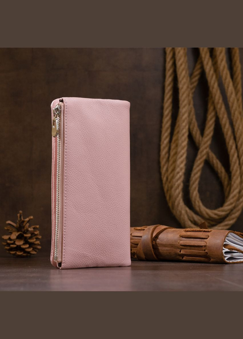 Женский кошелек на кнопке с карманом на молнии из натуральной кожи розовый (sku_19201) No Brand (328218815)