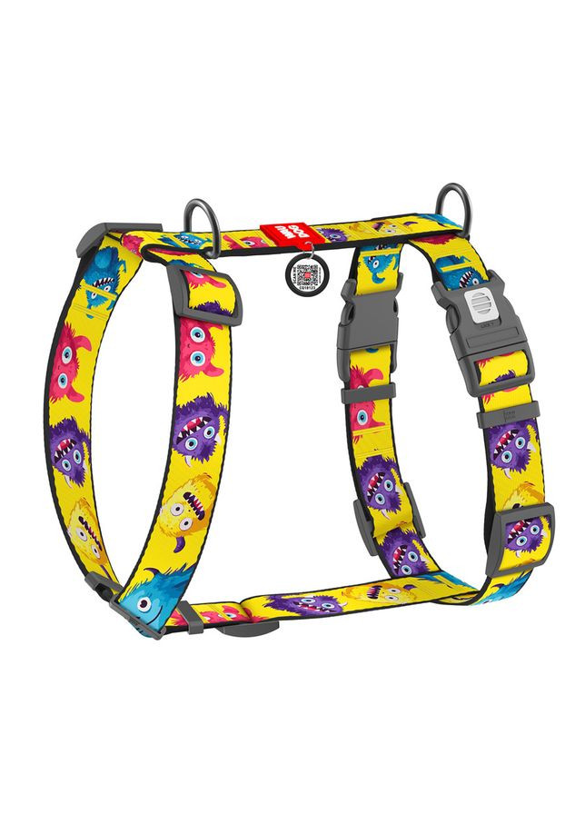 Шлея для собак анатомічна H-подібна WAUDOG Nylon з QR-паспортом, малюнок "Мохнаті монстри", пластиковий фастекс,, Ш 35 мм, A No Brand (363201251)
