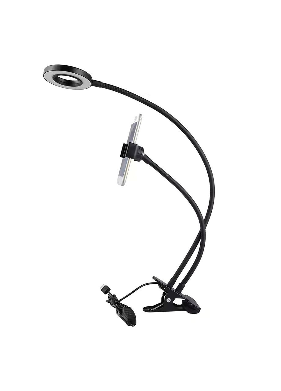Лампа кільцева світлодіодна на прищіпці із тримачем для телефону та гнучкою ніжкою 2 в 1 діаметр 9 см No Brand (361029082)