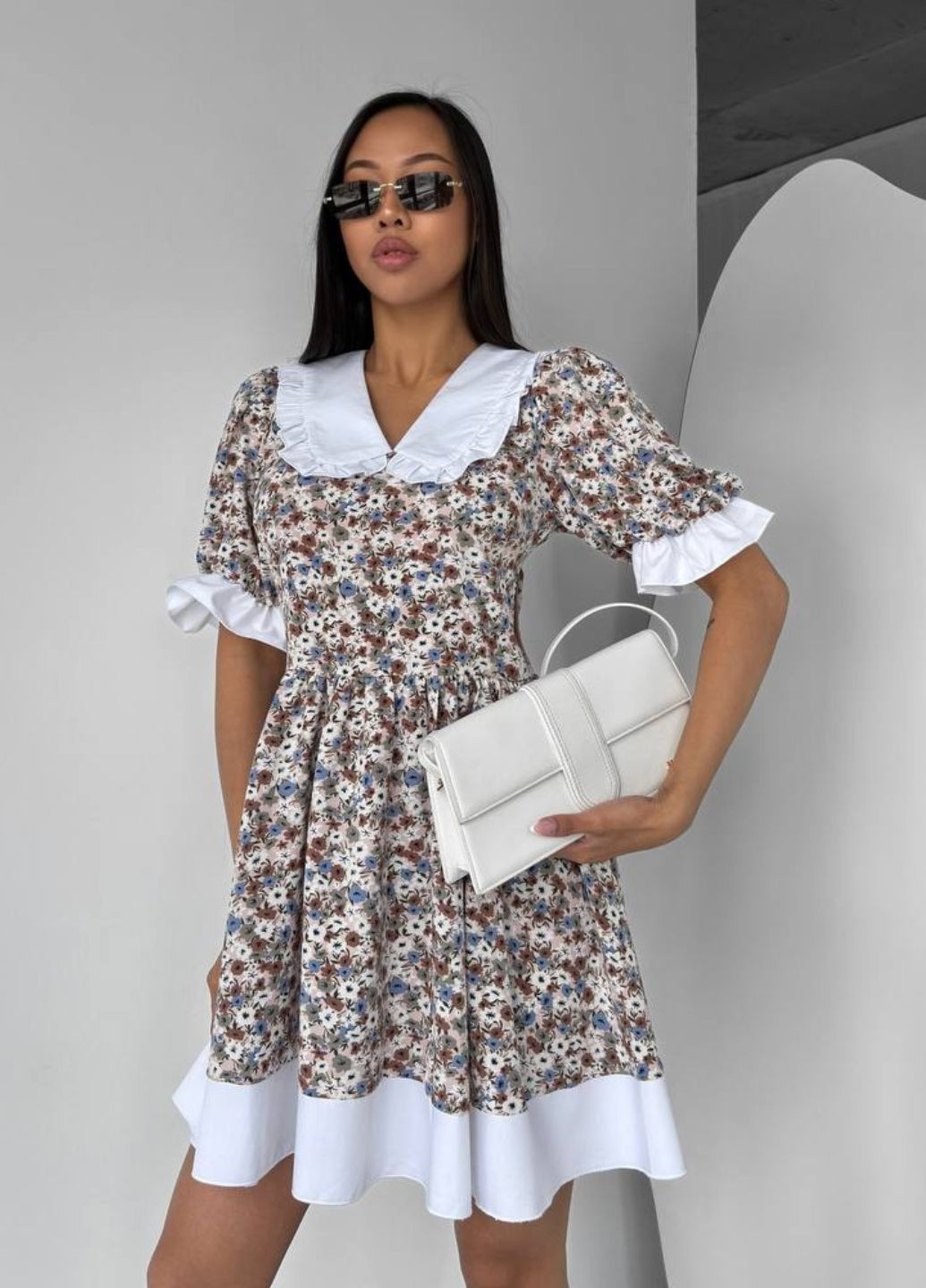 Комбінована повсякденний міні сукня з широким коміром а-силует Tik-Tak однотонна