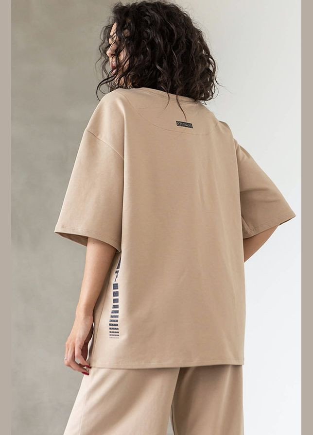 Бежевая летняя хлопковая футболка oversize с коротким рукавом TOTALFIT D5-LD32 beige