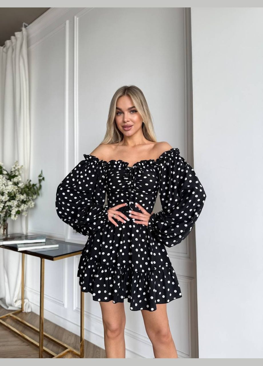 Черное праздничный, коктейльное, пляжное, повседневный, кэжуал легкое стильное мини платье Vakko в горошек