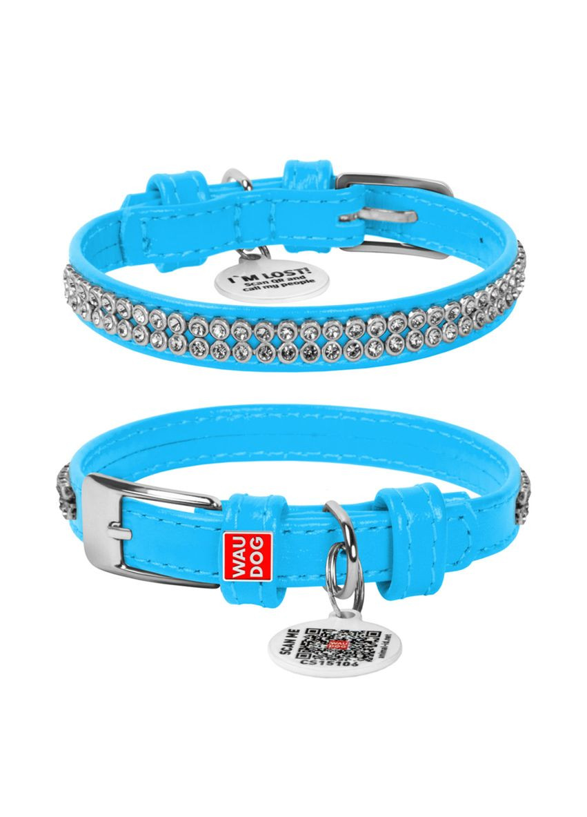 Ошейник для собак кожаный Glamour с QR паспортом, с украшением "Полотно стразы", XS, Ш 12 мм, Дл 21-29 см голубой WAUDOG (332879236)