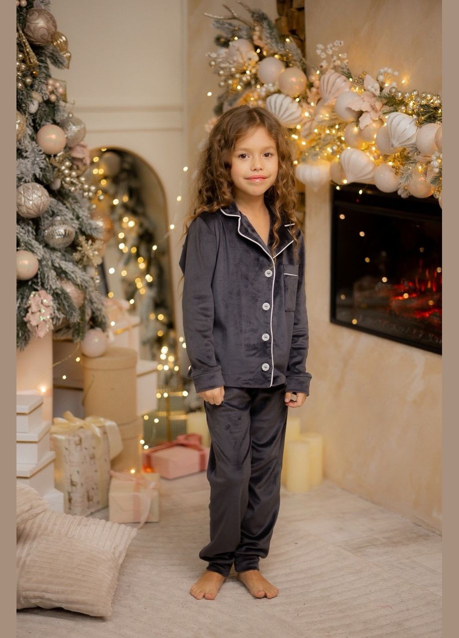 Світло-сіра всесезон піжама дитяча велюрова на дівчинку 2 в 1 No Brand