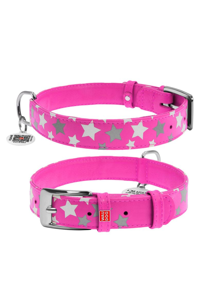 Ошейник кожаный Glamour с QR тегом, "Звёздочка", светоотражающий,, Ш 25 мм, Дл 38-49 см WAUDOG (323159781)
