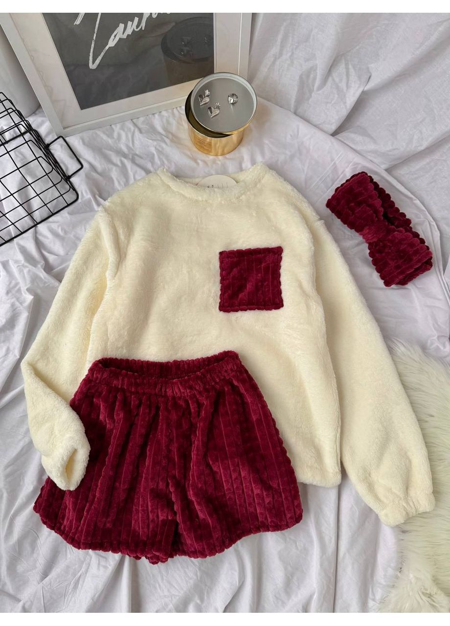 Светло-бордовая всесезон женская пижама тройка свитшот + шорты No Brand