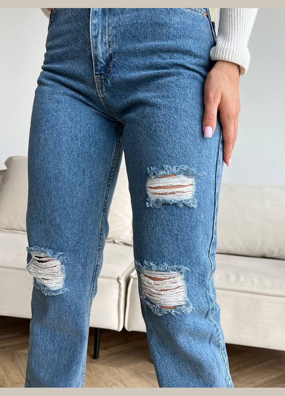 Базовые синие рванные джинсы МОМ из коттона(100%), стильные турецкие джинсы которые не тянутся 6025 No Brand - (285745498)