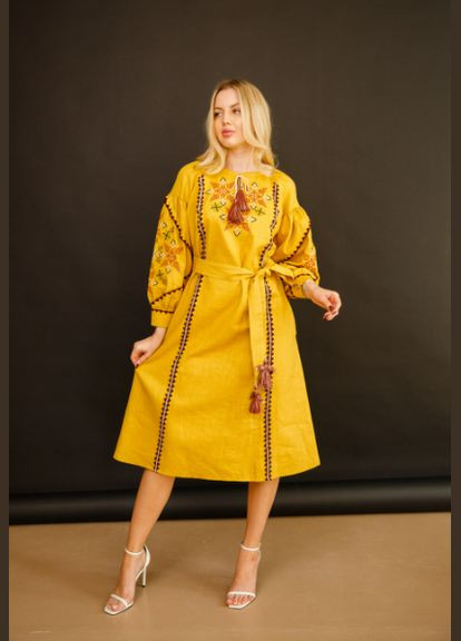Гірчичний зимній жіноча вишита сукня папороть гірчична Galychanka 7103