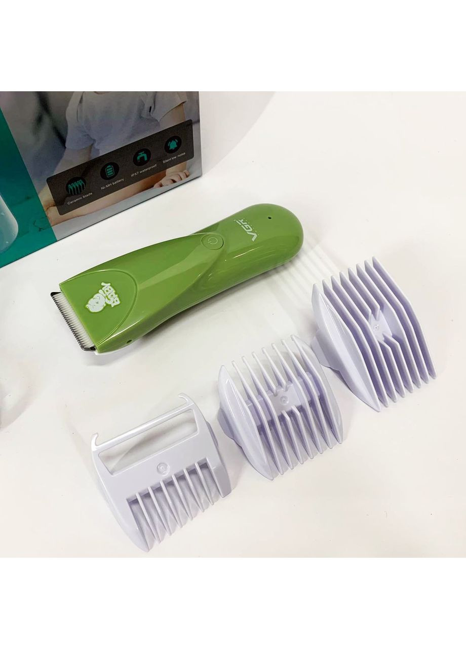 Очень тихая беспроводная машинка для стрижки волос детей V-150 с насадками. Цвет: зеленый VGR (364665519)